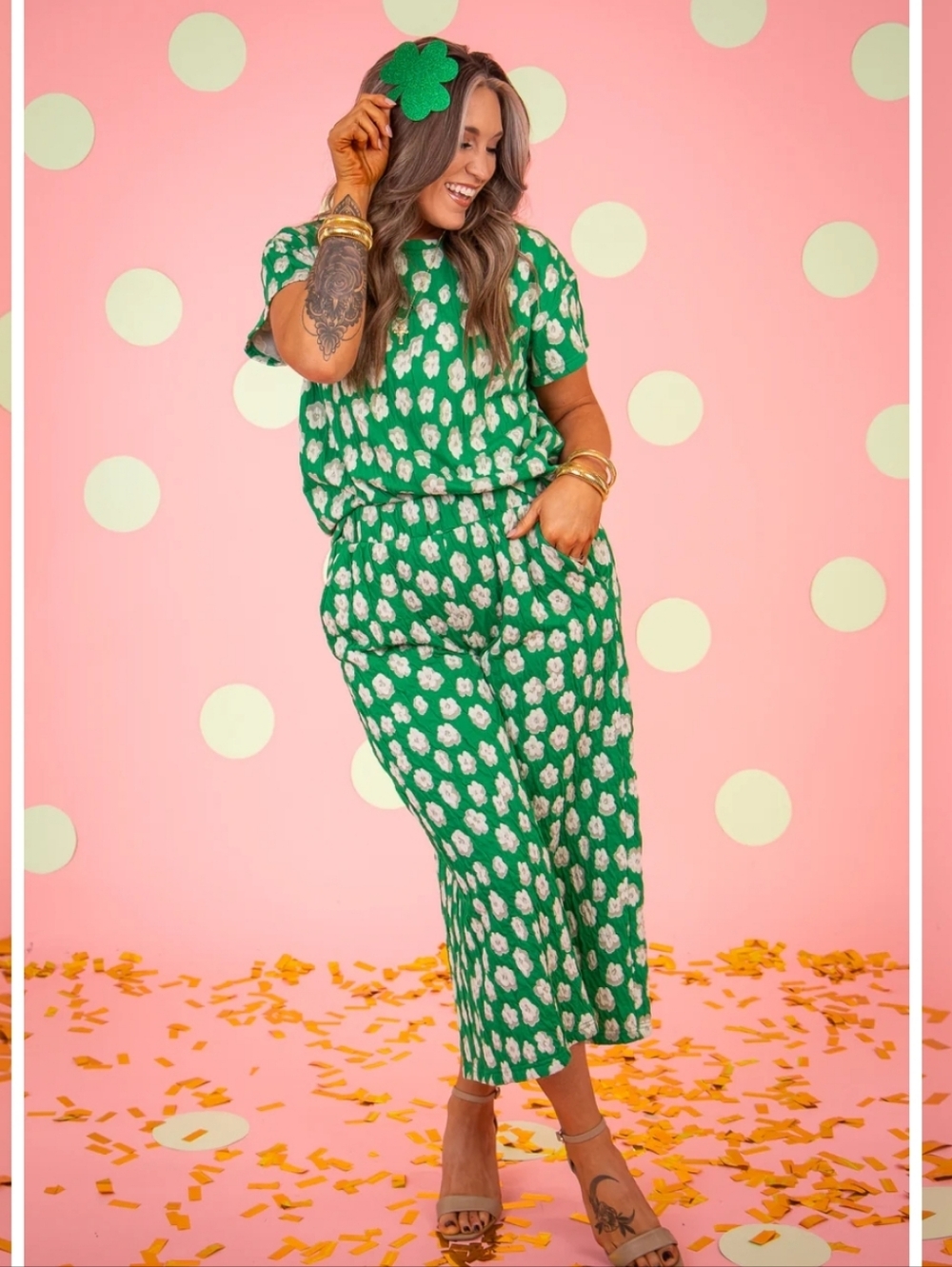 NWT See And Be Seen Green Floral Short Sleeve Wide Leg Crop Pant Set